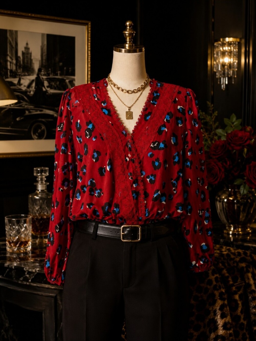 Mi Ami Red Leopard Print Lace Trim V-Neck Blouse